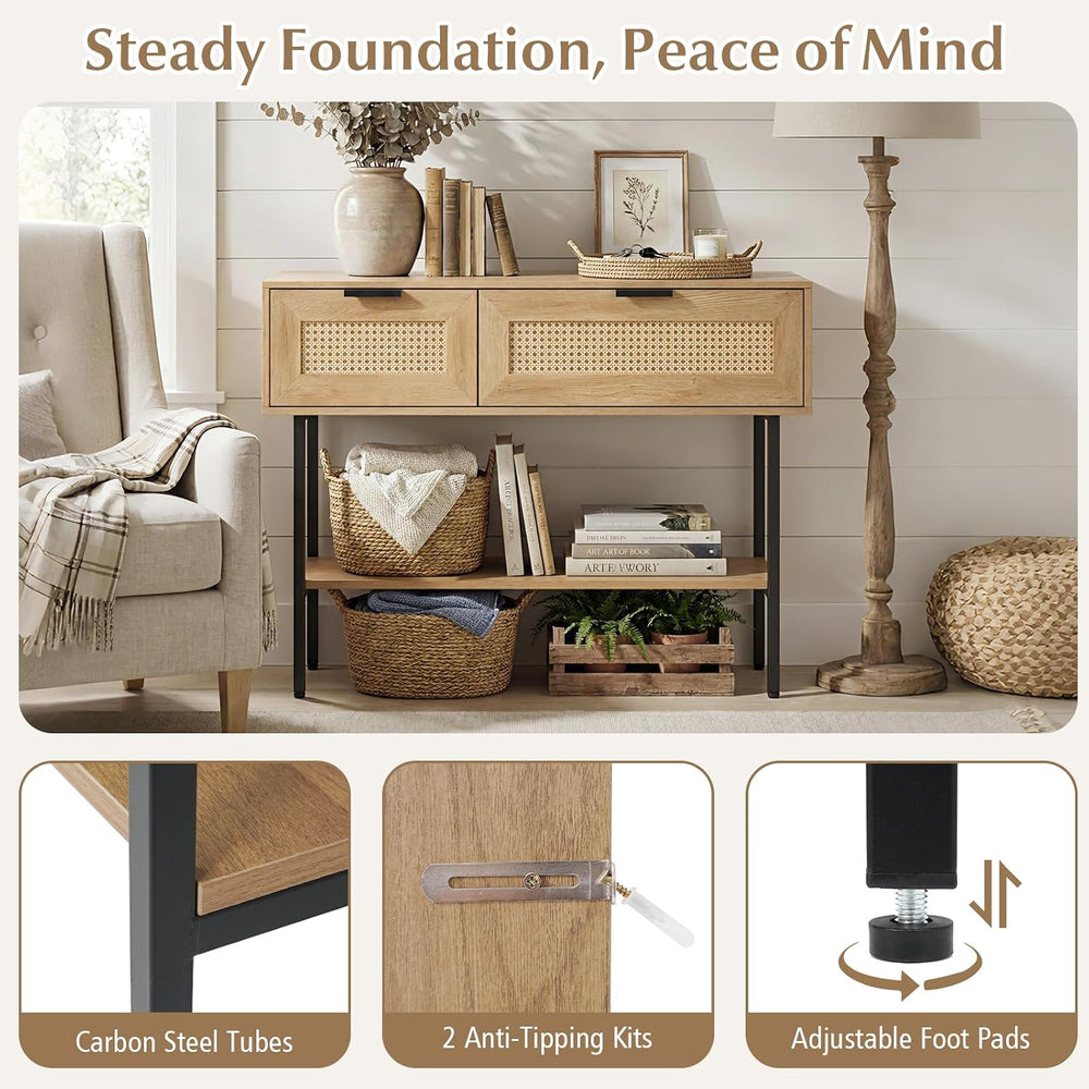 GIANTEX Rattan Console Table with Storage, 40" Long Boho Entryway Table ...
