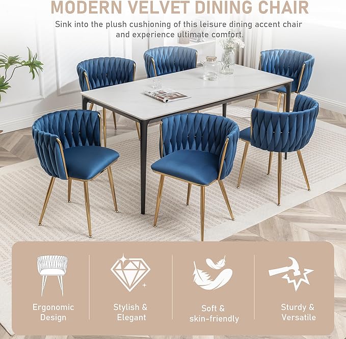 Kiztir Velvet Dining Chairs Set of 6 Woven Dining Chairs with Gold Metal Legs Upholstered Modern Dining Room Chair for Living Room, Bedroom, Kitchen (Blue, Set of 6)