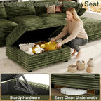 DreamDashio 7-Seat Sectional Sofa, Oversized Extra Wide Deep Seat Giant Detachable Modular Cloud Couch, Certified Corduroy Fabric with Storage & Detachable & Adjustable Arms, for Living Room, Green