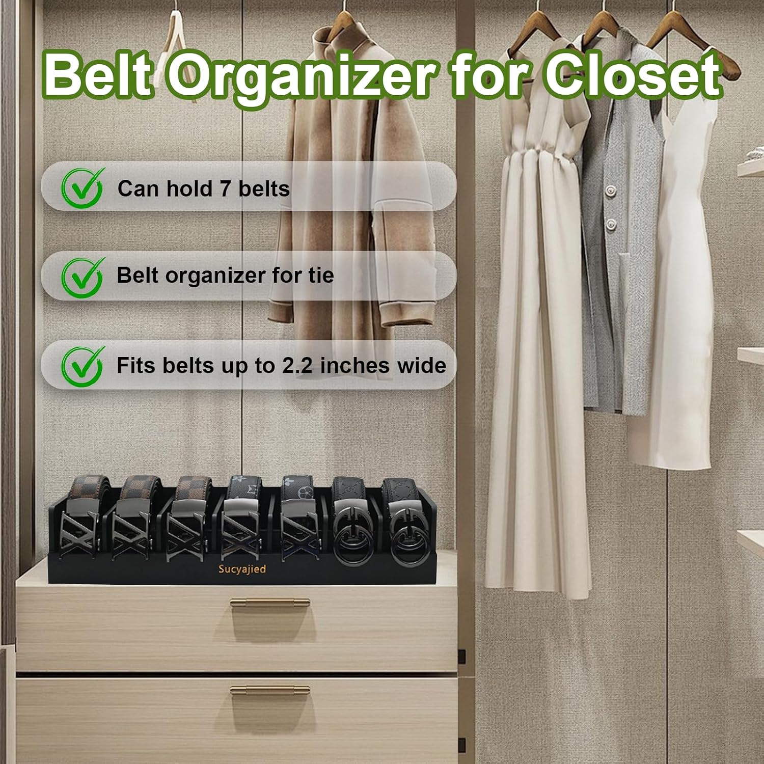 Belt Organizer, Black, 7 Compartments | Bamboo Storage Box, For Closet and Drawer, Belt Holder Case, For Tie and Belt, For Men and Women