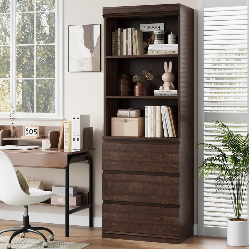 IDEALHOUSE 70" Tall Bookcase with Drawers, Open Book Shelves Library Boo...