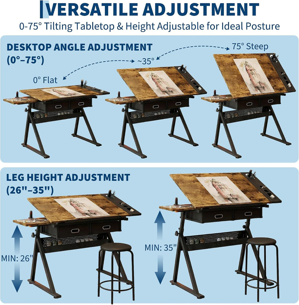 Industrial Minimalist Drafting Desk with Stool | Adjustable Tilting Artist Ta...