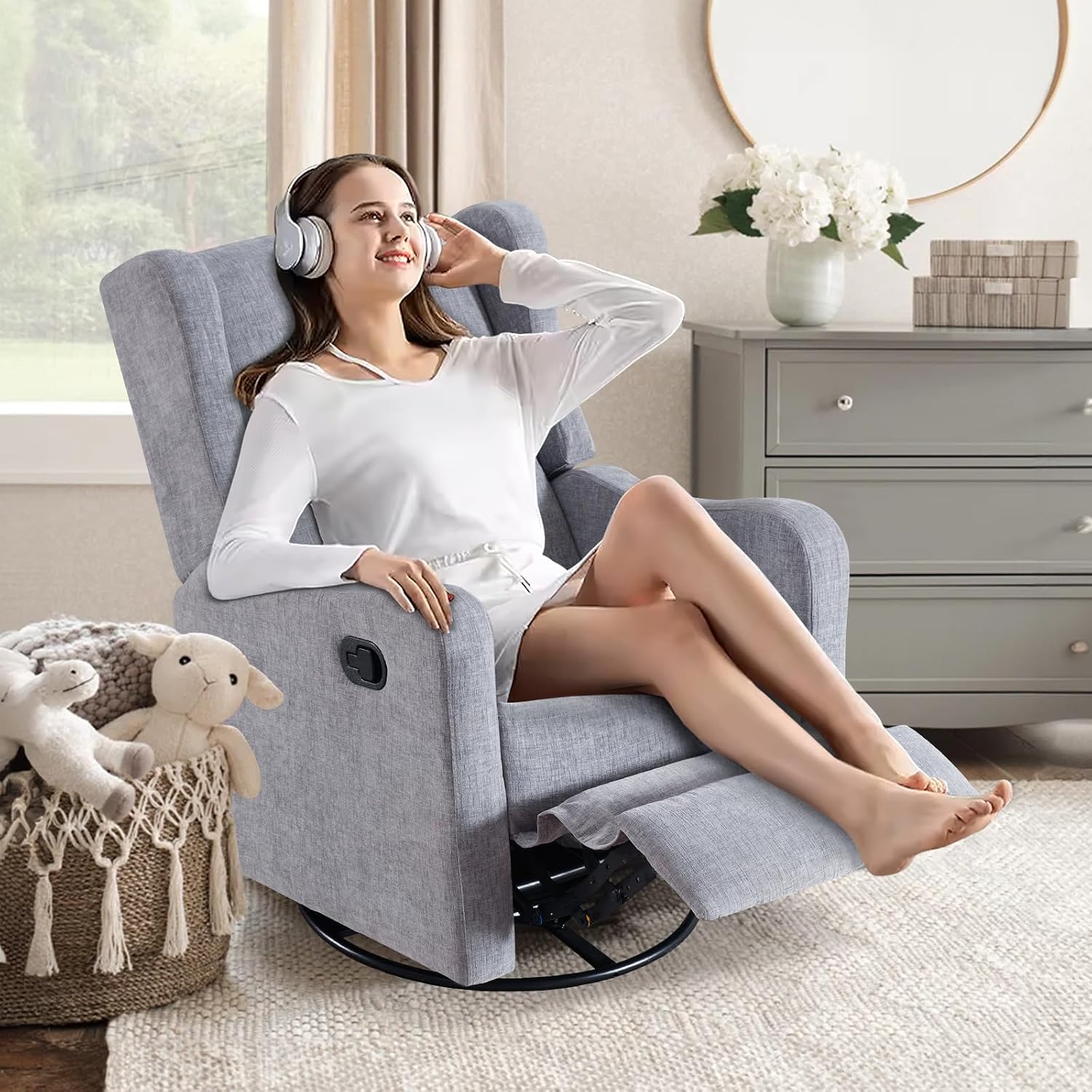 360° Swivel Glider Recliner, Soft Chenille Mid Century Modern Upholstered Ergonomic Rocker Comfy Wingback Accent with Curved Arm Sillas Reclining Chair Living Room Bedroom Lounge Reading Nursery Grey