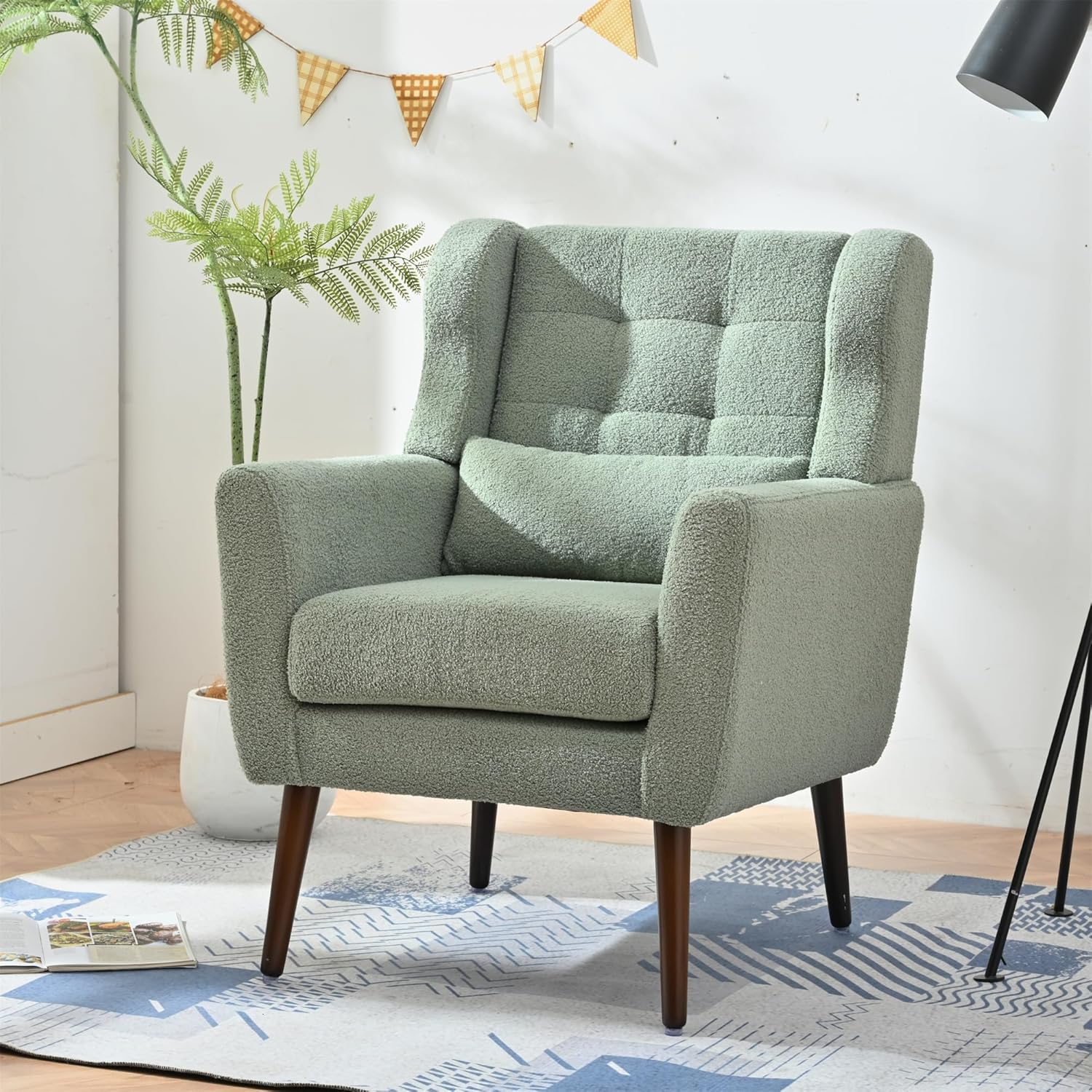 Dolonm Accent Chair for Living Room, Mid-Century Arm Chair, Comfy Upholstered Reading Armchair with Pillow Backrest for Bedroom, Mordern Lounge Chair Solid Wood Leg (Light Green)