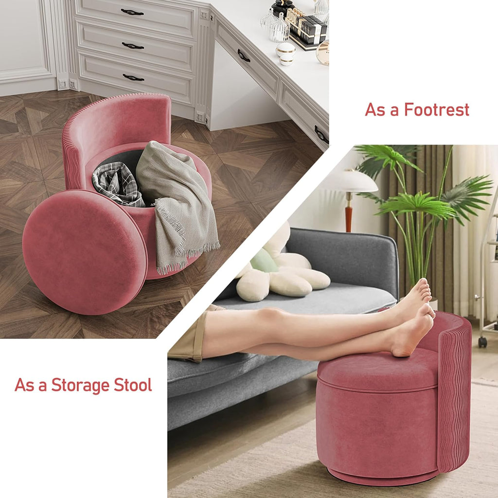 allamazing 360° Swivel Accent Chair with Storage, Vanity Stool with Back, Velvet Storage Ottoman, Upholstered Round Barrel Vanity Chair for Living Room, Makeup Room, Bedroom (Dusty Rose)