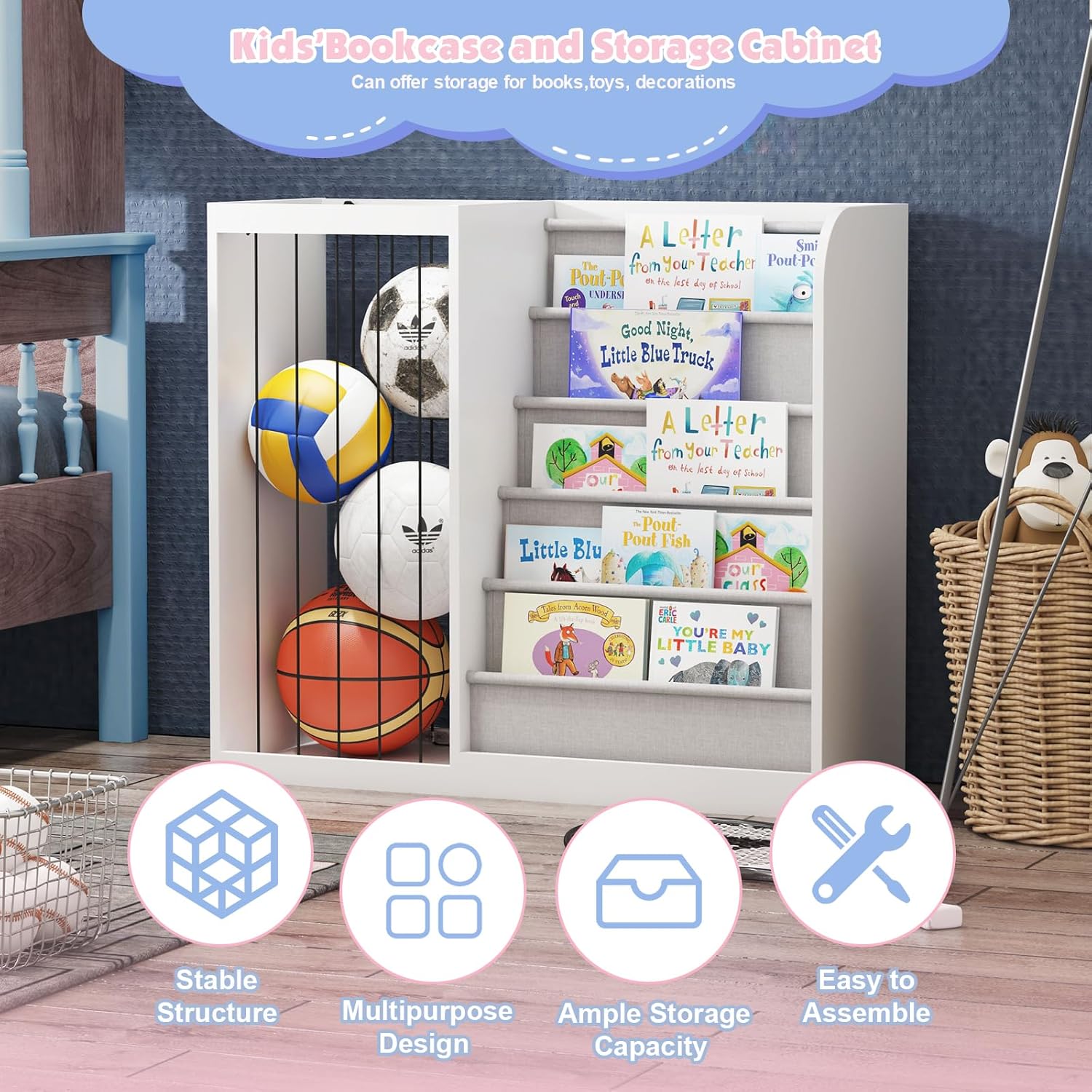 White Kids Bookshelf & Stuffed Animal Net Holder Plush Toy Storage Organizer Child Bookcase Toddler Baby Sling Book Rack for Playroom Bedroom Nursery Infant Boys Girls Classroom