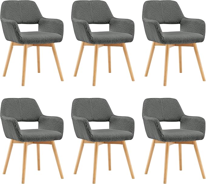 Mid Century Modern Dining Chairs Set of 6 & 4 & 2 Comfy Accent Chair Upholstered Kitchen Dining Living Room Chairs for Bedrooms Waiting Room Home Arm Desk Chair No Wheels (Wool Dark Gray, 6)