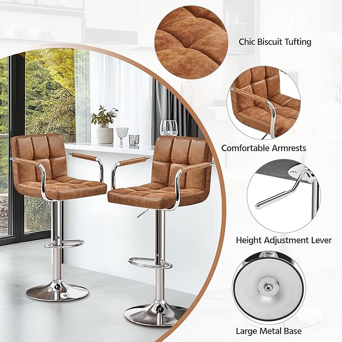 Yaheetech Bar Stools Set of 2, PU Leather Adjustable Swivel Barstools, Hydrau...
