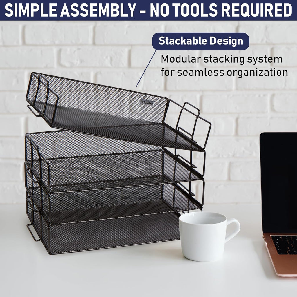 Stackable Paper Tray Desk Organizer, 4-Tier Metal Mesh Letter Organizers for Business, Home, School, or Store Use, Organizes Files, Folders, Letters, Paper, Binders, Multi-Functional Desktop Storage