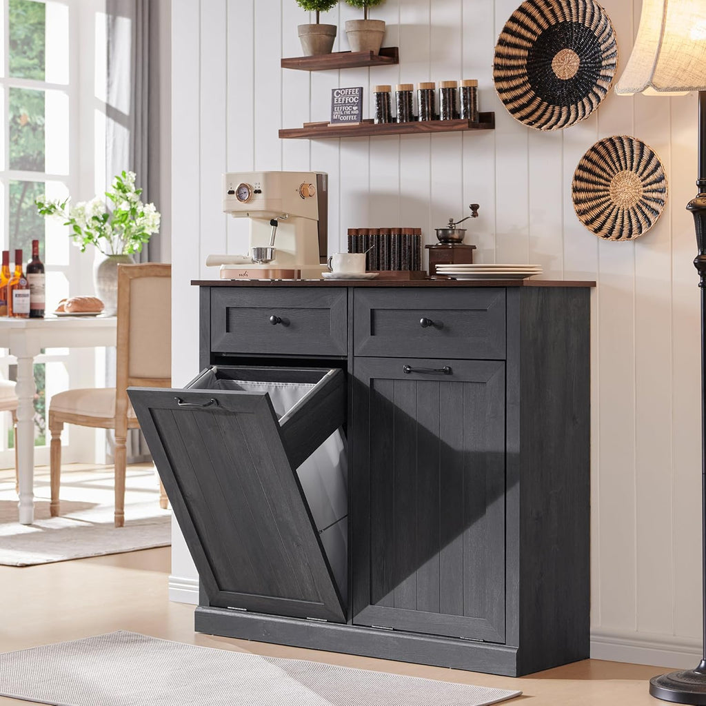 Double Tilt Out Trash Cabinet, 20 Gallon Farmhouse Laundry Hamper Cabinet with 2 Drawers, Hidden Wooden Trash Can Cabinets with Storage Basket for Kitchen, Living Room (Dark Grey)