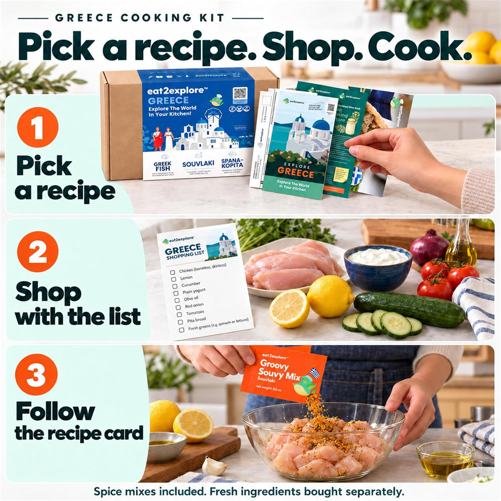 eat2explore Global Cooking Kits, Meal Gift Box for Teens & Adults, GREECE