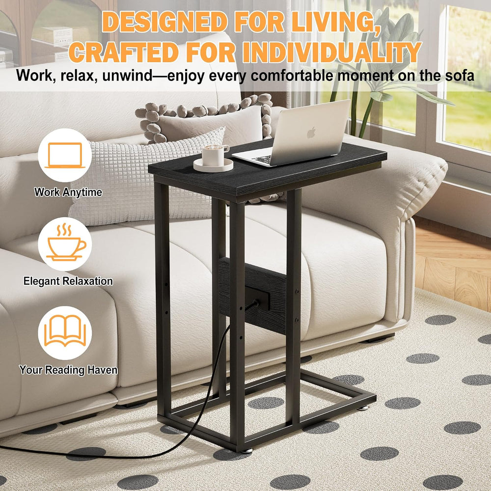 VECELO C Shaped End Table with Charging Station & Power Outlets, Quick Ac...