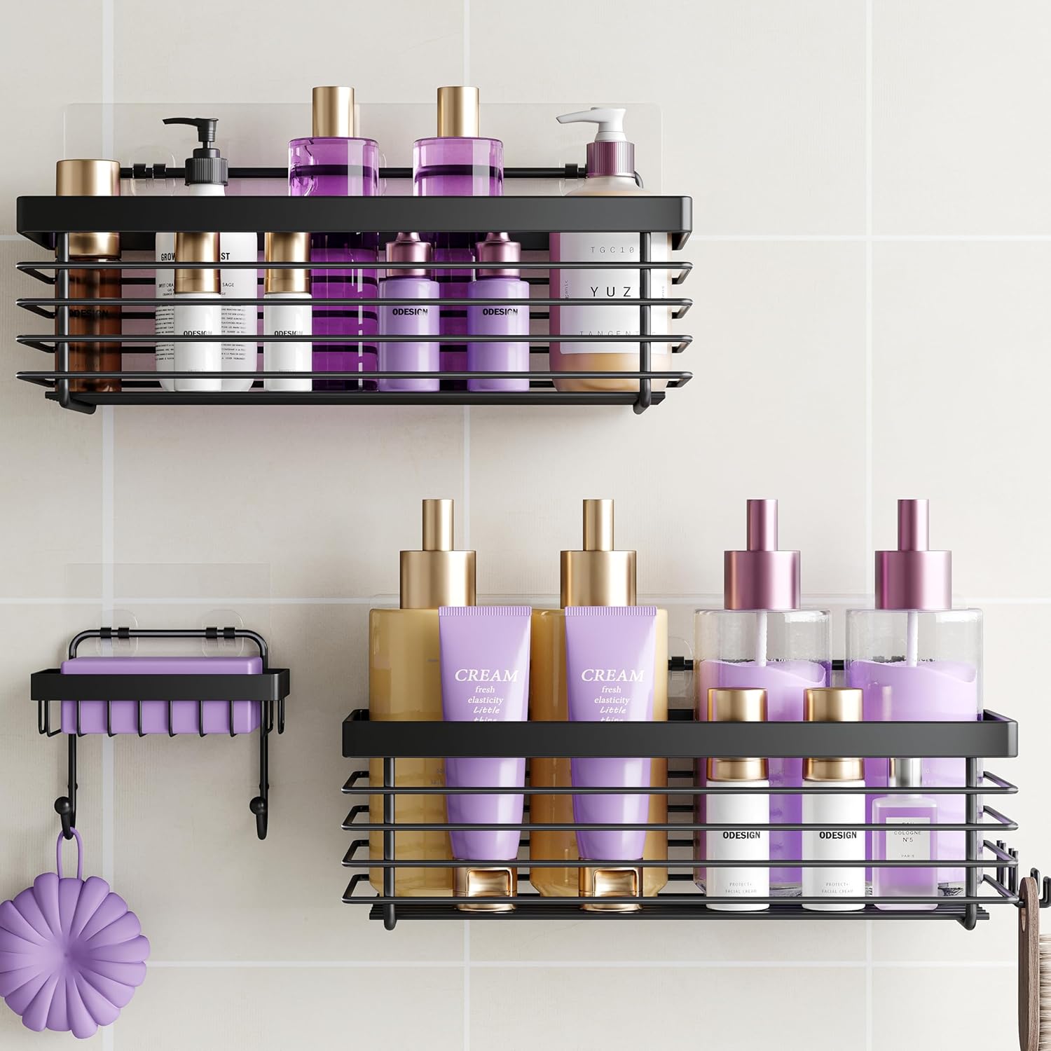 ODesign Shower Caddy 3 Pack SUS304 Stainless Steel-No Drilling-Shower Bathroom Shelves Rack,Rustproof Wall Mounted,Adhesive Shower Shelf Basket Organizer-Black