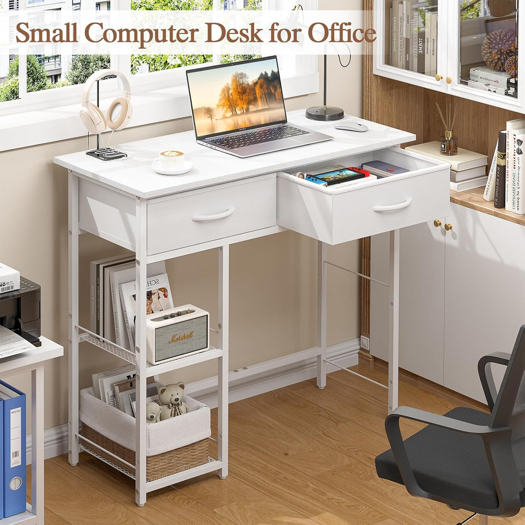 ThreeHio Small Writing Desk with 2 Drawers, White Computer Desk with Storage Shelf, Home Kids Study Table for Small Spaces, Simple Desk for Bedroom, Home Office, Living Room, Dorm, Vanity Desk, White