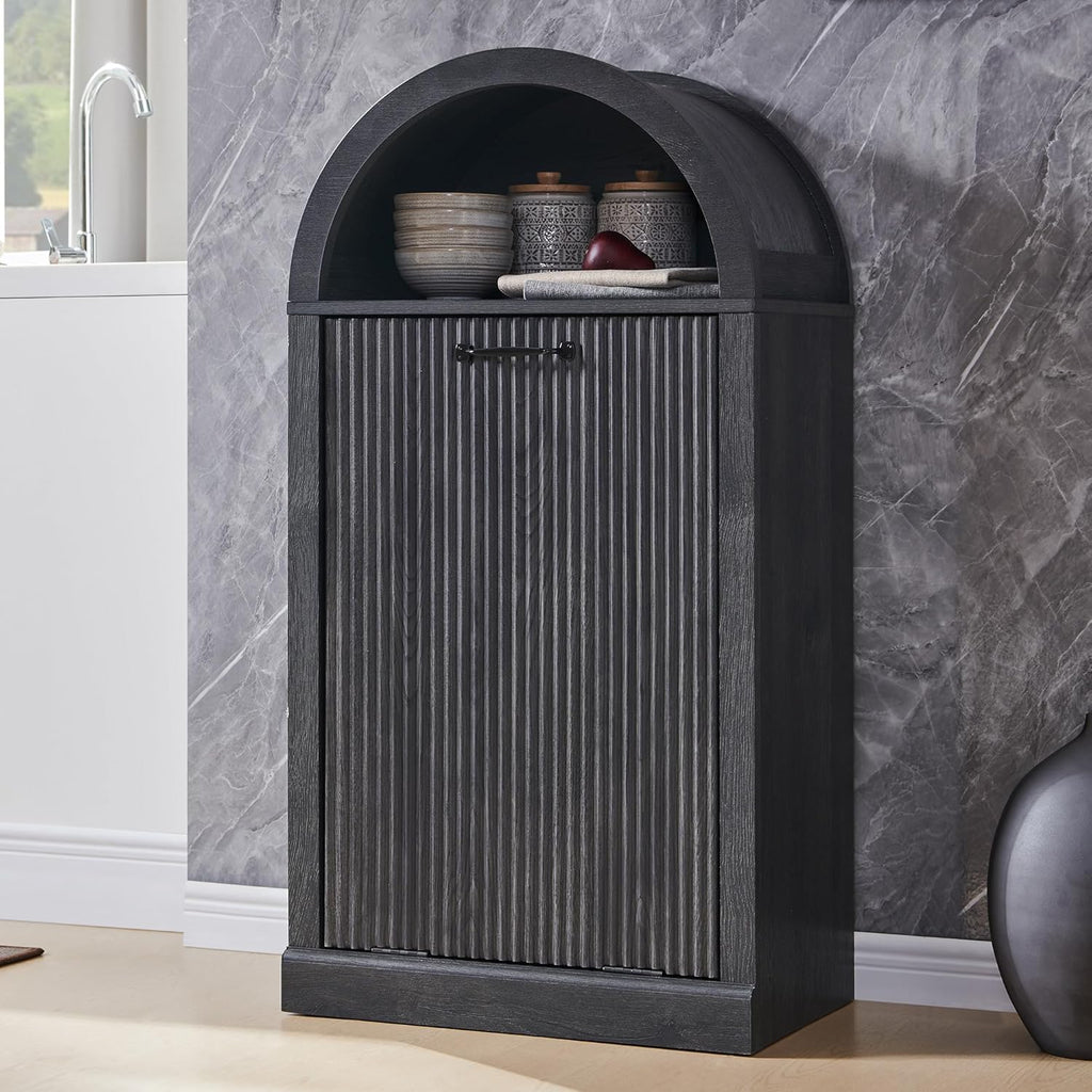 Arched Tilt-Out Trash Can Cabinet, Fluted 10 Gallon Trash Can with Open Shelf, Modern Laundry Hamper Cabinet, Hidden Garbage Can with Storage Basket for Kitchen, Living Room, Dark Grey