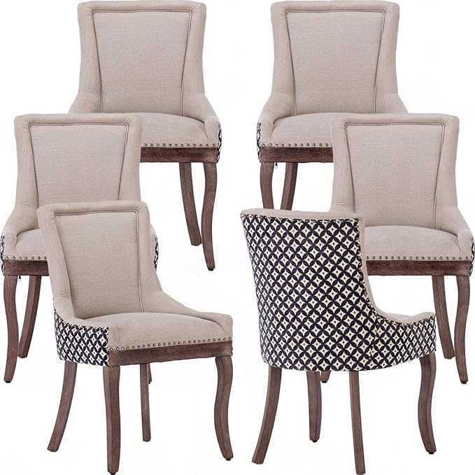 Dining Chairs Set of 6, Kitchen & Dining Room Chairs, Fabric Upholstered Dinning Chairs, Sillas De Comedor, Nailhead Trim, Wood Legs (Beige, Pattern, 6 Pcs)