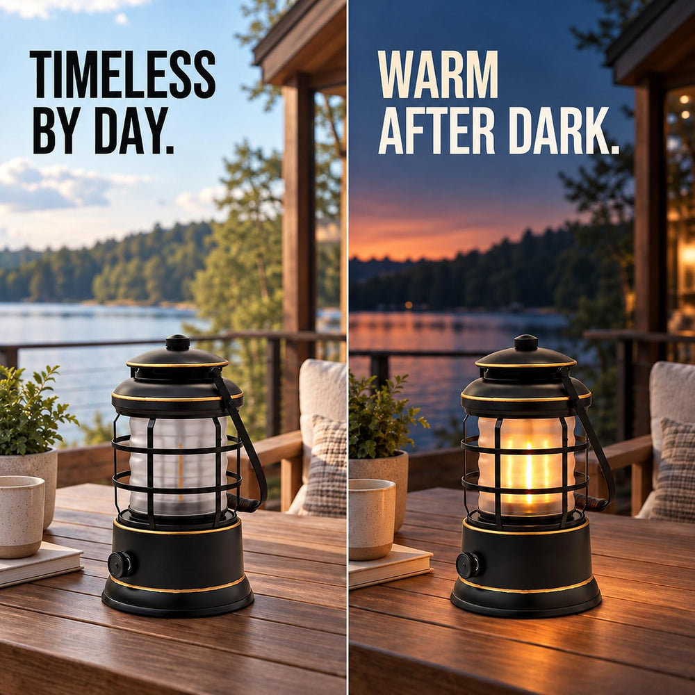 Rechargeable Camping Lantern, Vintage LED, Battery Powered, Black