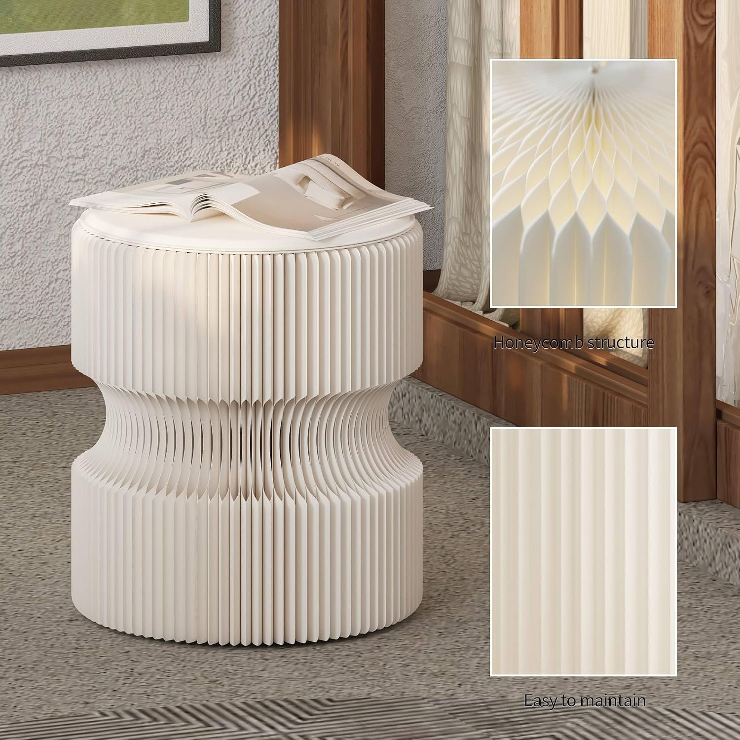 Foldable Paper Stool - Creative Accordion Design, Portable Expandable Round Stool for Home & Commercial Use, Footrest Seat for Entryway, Living Room or Retail Stores (Brown, H16in*D14in)