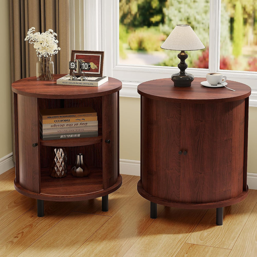 FROMJBEST Round End Table with Storage, Fluted Accent Side Table with Sliding...