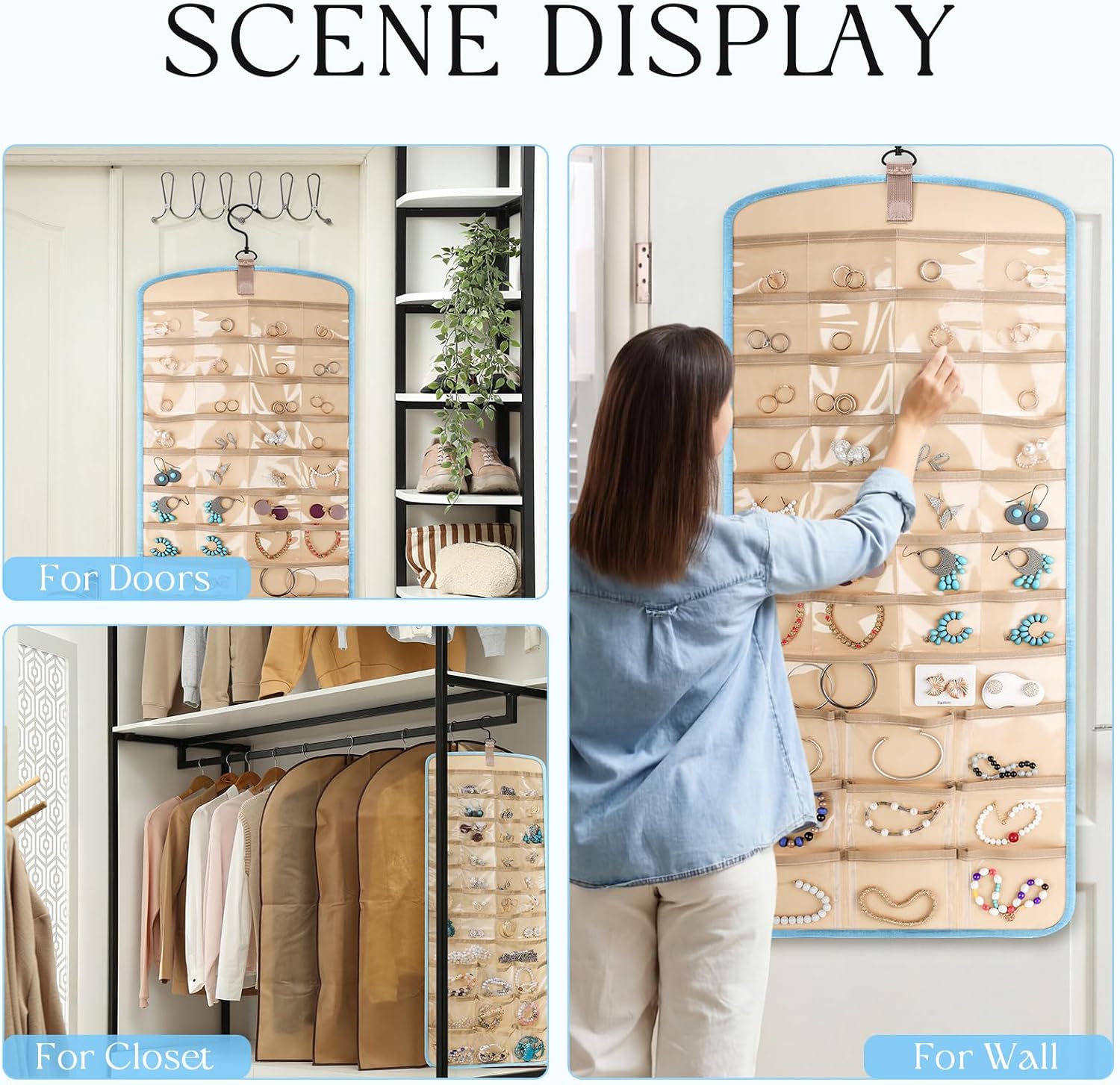 2 Pack Hanging Jewelry Organizer Storage with 39 Pockets, 30 Necklace Hooks Double Sided Wall Mount Earring Holder Organizer Bracelet Necklace Jewelry Display Hanger for Closet Door (Blue)
