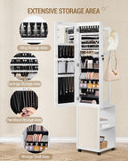 Hzuaneri 8 LEDs Jewelry Cabinet Armoire, 66.9-inch Jewelry Organizer | Lockable Full-length Mirror with Garment Rack & 4 Wheels, Storage Shelves with Hooks, 5-in-1, White and Beige JC17003B