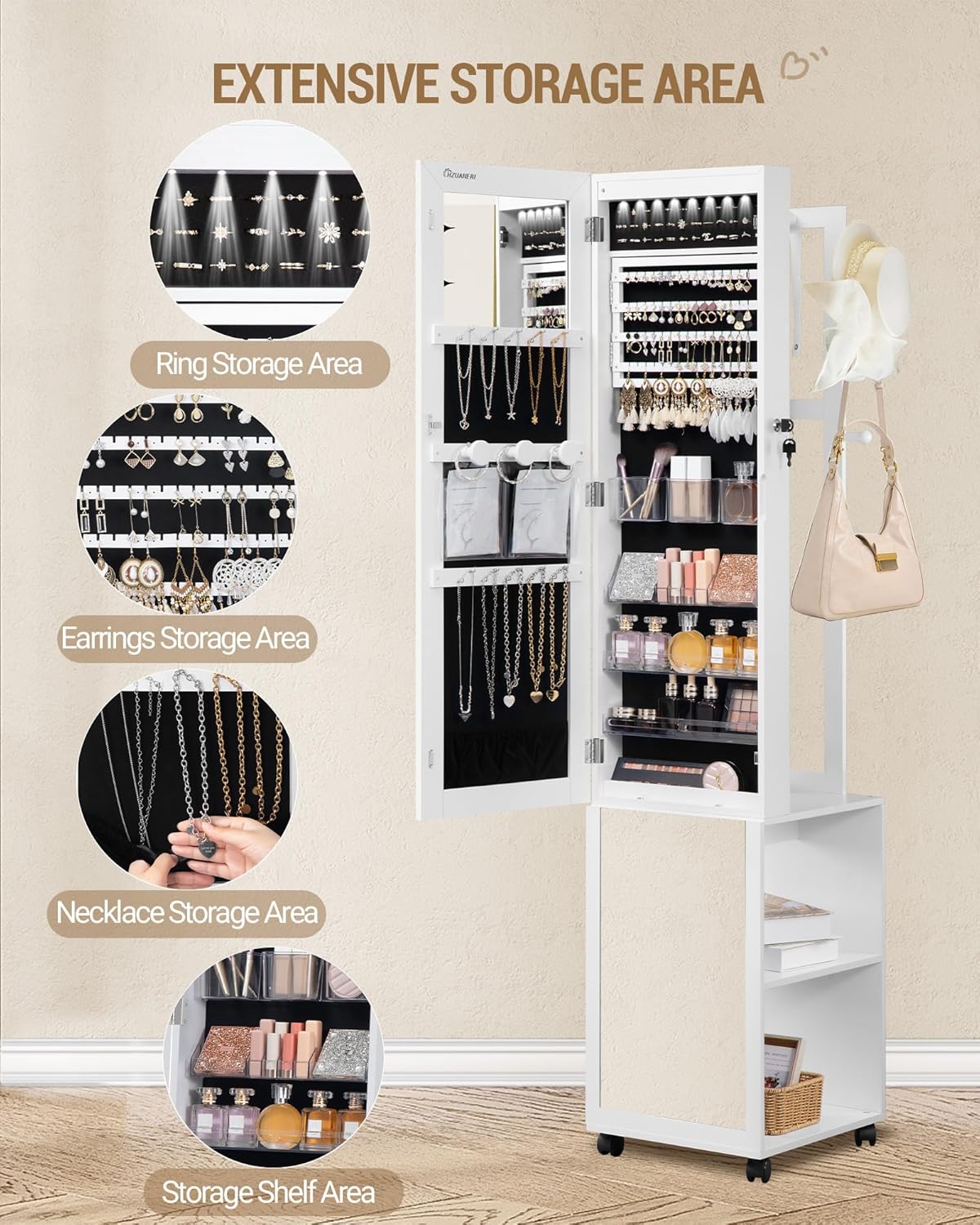 Hzuaneri 8 LEDs Jewelry Cabinet Armoire, 66.9-inch Jewelry Organizer | Lockable Full-length Mirror with Garment Rack & 4 Wheels, Storage Shelves with Hooks, 5-in-1, White and Beige JC17003B