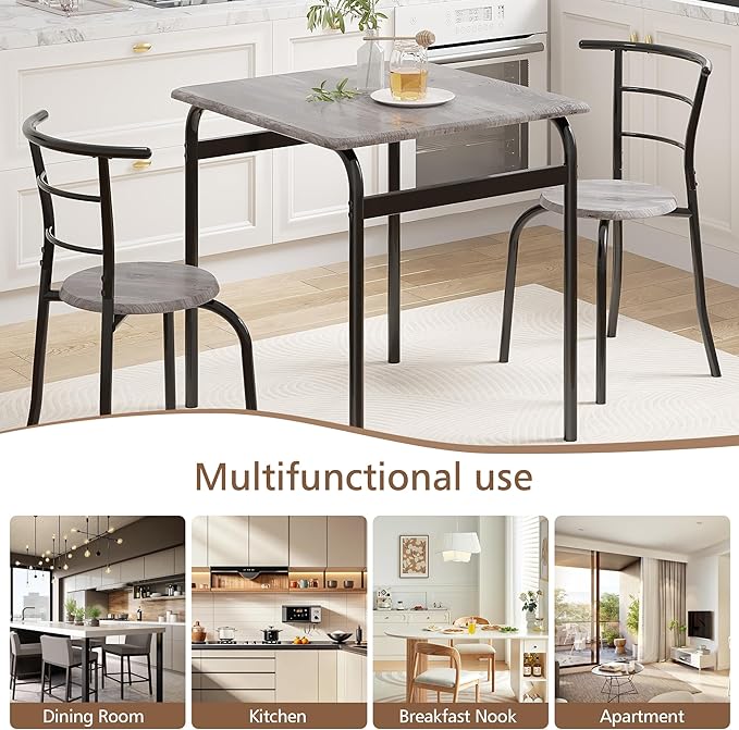 VECELO Dining Table Set for 2, 3-Piece Modern Dinette with Chairs for Small Space, Kitchen, Breakfast Nook, Rustic Grey