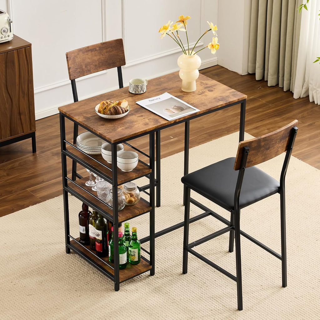 VINGLI Dining Table Set for 2, Kitchen Breakfast Counter Height Small 3 Piece Bar Table and Chairs Set with Storage, Brown