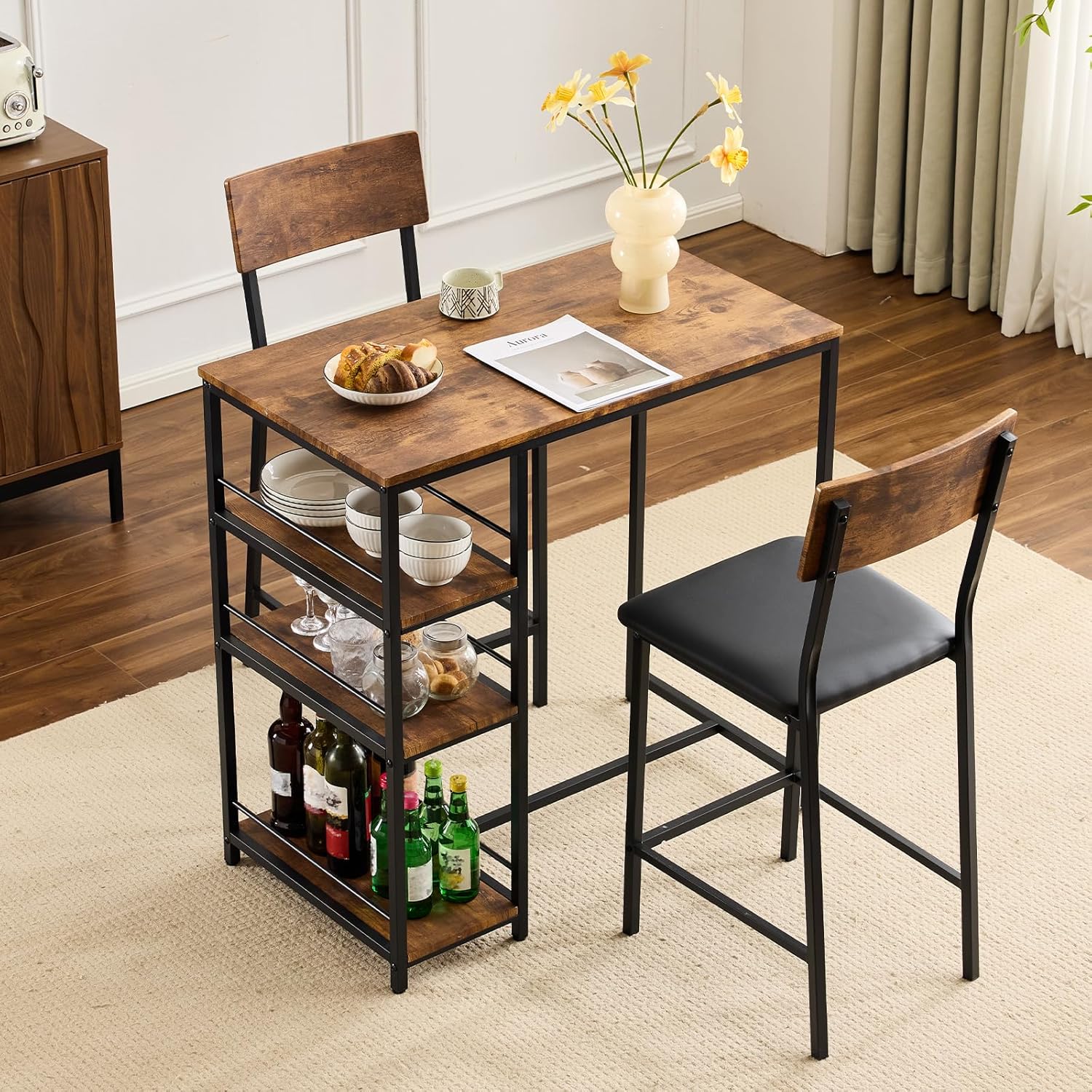VINGLI Dining Table Set for 2, Kitchen Breakfast Counter Height Small 3 Piece Bar Table and Chairs Set with Storage, Brown