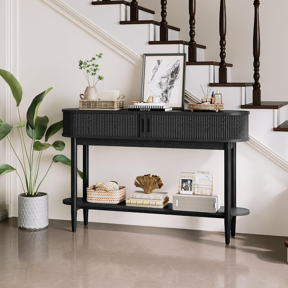 LINSY Fluted Console Table with Storage and Shelves, Black | Entryway Table, ...