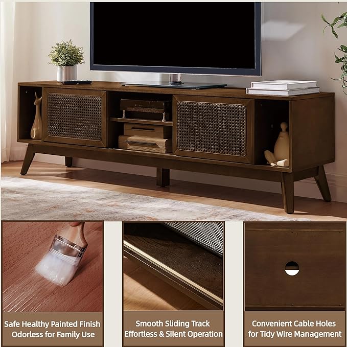 LKTART 68 Inch Mid Century Modern TV Stands with Rattan Doors,MCM Entertainment Center Media Console for 60/65/70/75 inch TVS,Long Boho Television Stand for Living Room, Dark Walnut