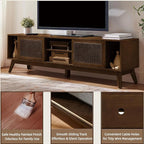 LKTART 68 Inch Mid Century Modern TV Stands with Rattan Doors,MCM Entertainment Center Media Console for 60/65/70/75 inch TVS,Long Boho Television Stand for Living Room, Dark Walnut