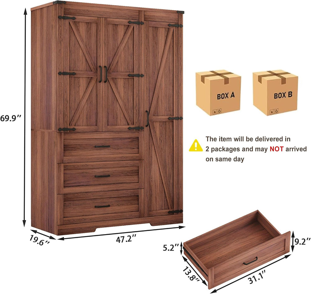 70" Tall Wardrobe Closet with 3 Doors & 3 Drawers, Farmhouse Armoire...