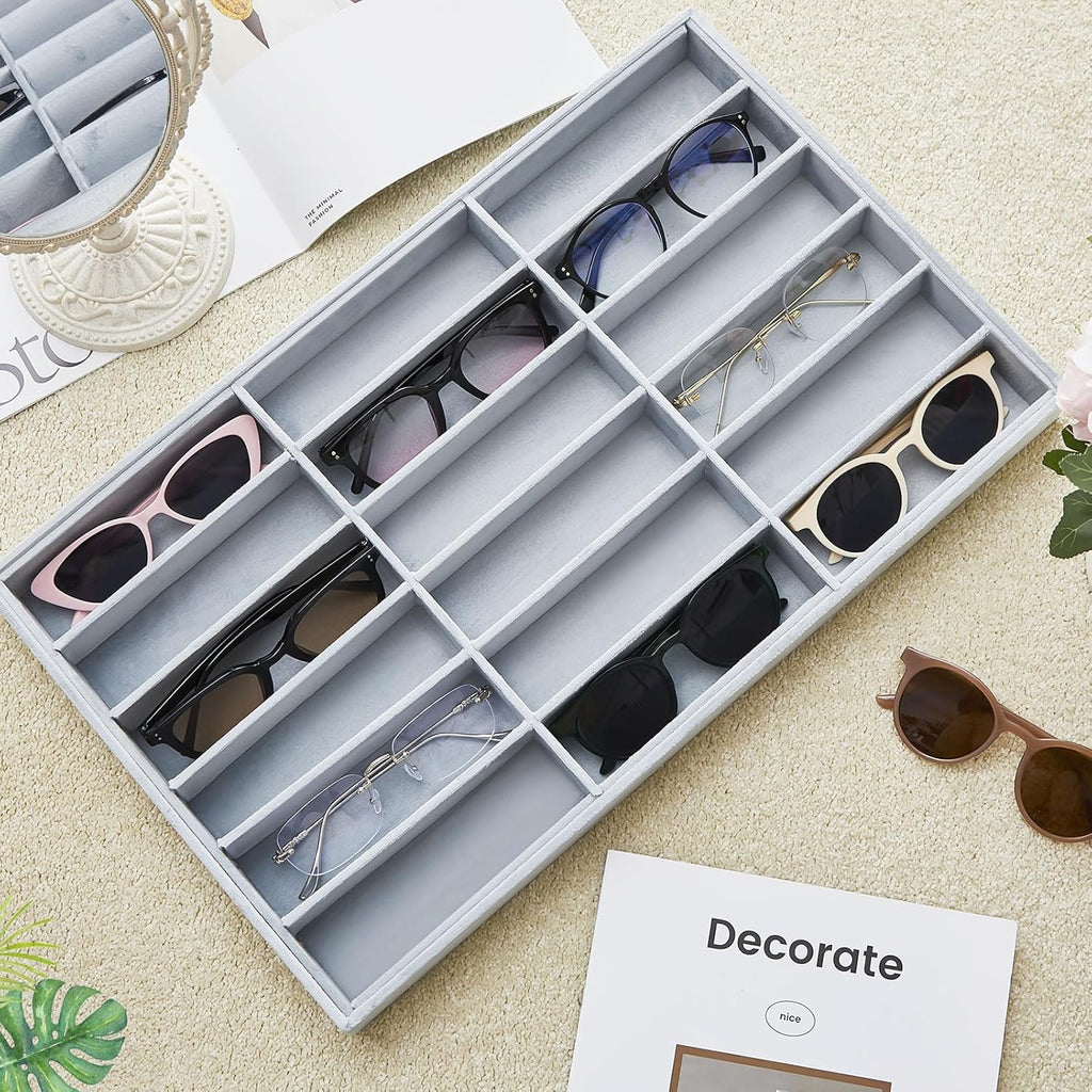 Amylove 2 Pcs Sunglass Organizer Trays Glasses Stackable Jewelry Trays Sunglass Organizer Display Box(18 Grids,Gray)
