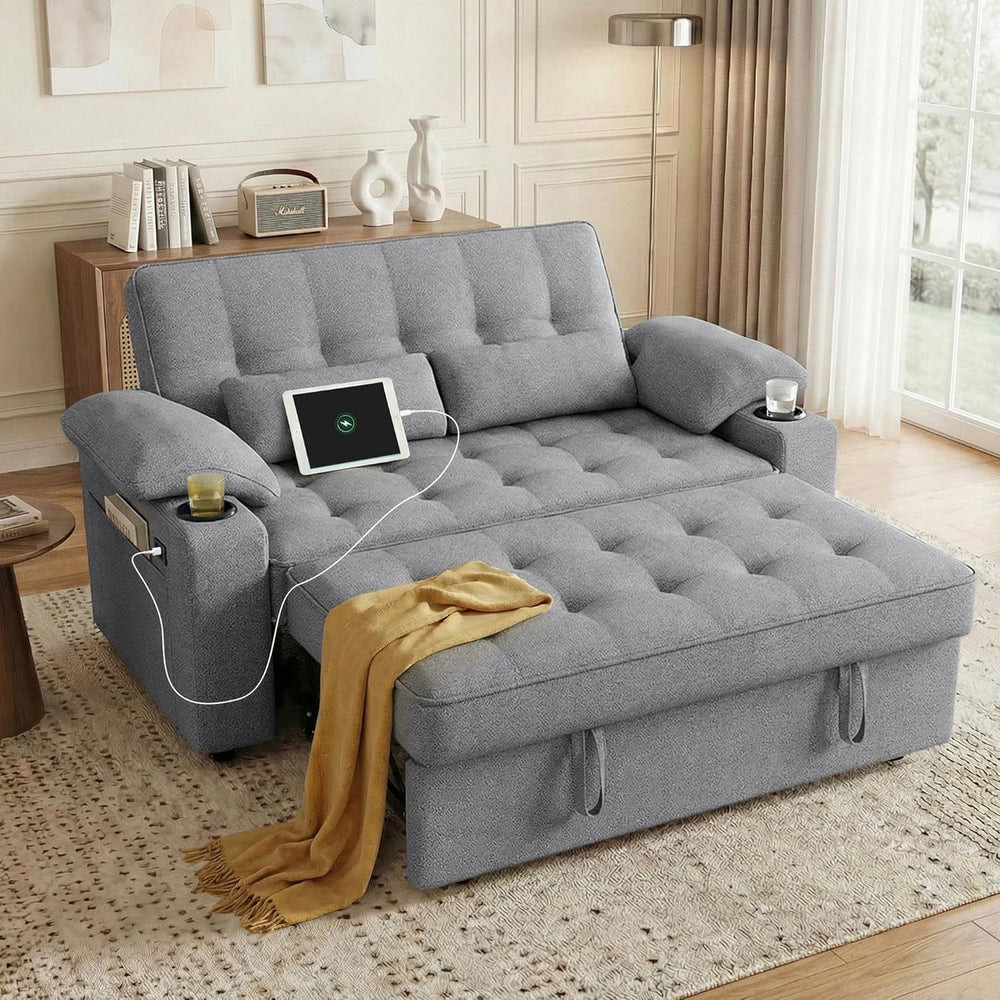 58'' Convertible Sofa Bed with USB Charger and Cup Holders, Teddy Fab...