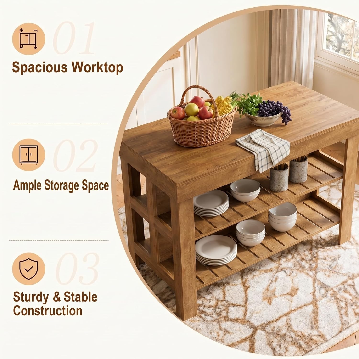 Tribesigns 55.1-Inch Kitchen Island with Seating and Storage, 3-Tier Large Farmhouse Island Table with Large Countertop and Leg Room for Kitchen Dining Room (Rustic Brown)