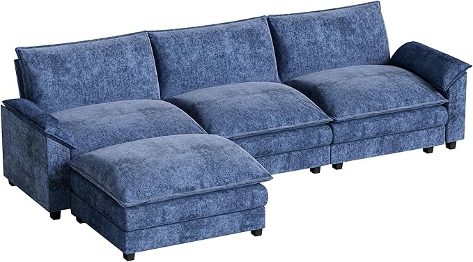 Homall 119" Modular Sectional Sofa, L Shaped Sofa Couch with Reversible Ottoman, DIY Combination Chenille Deep 3-Seat Cloud Couch for Living Room, Apartment (Dark Blue, L Shaped Sofa)