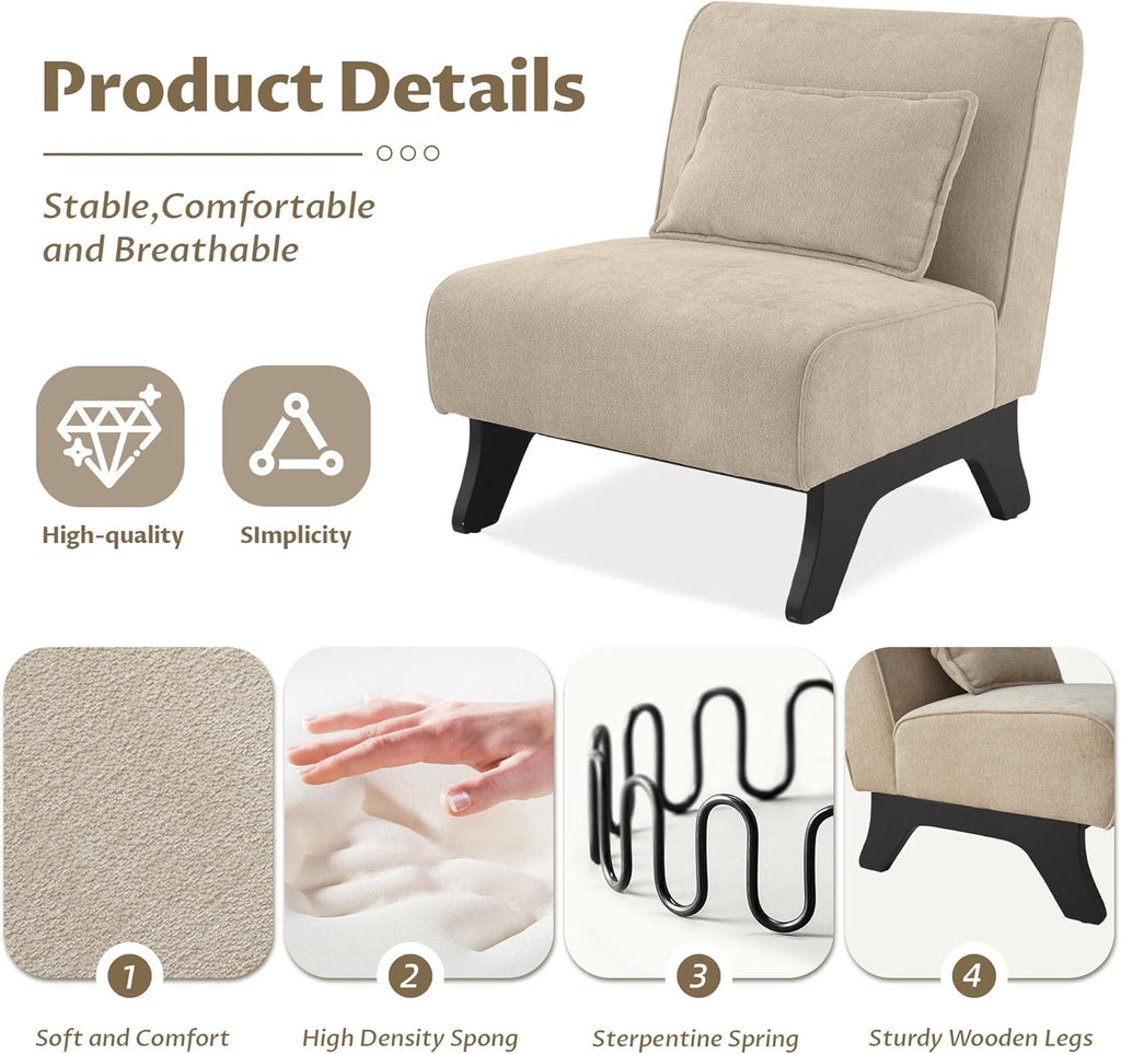 Armless Accent Chair Upholstered Comfy Modern Living Room Side Chair | Comfy Small Accent Lounge Chair with Pillow & Wooden Legs Accent Chair for Living Room Bedroom Farmhouse Reading Brown