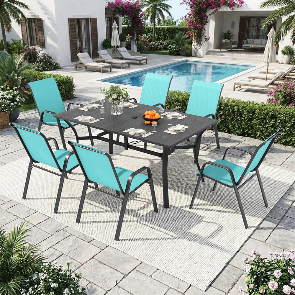 Outdoor Dining Set for 6, 7pcs Patio Table and Chairs Set with Adjustable Umb...