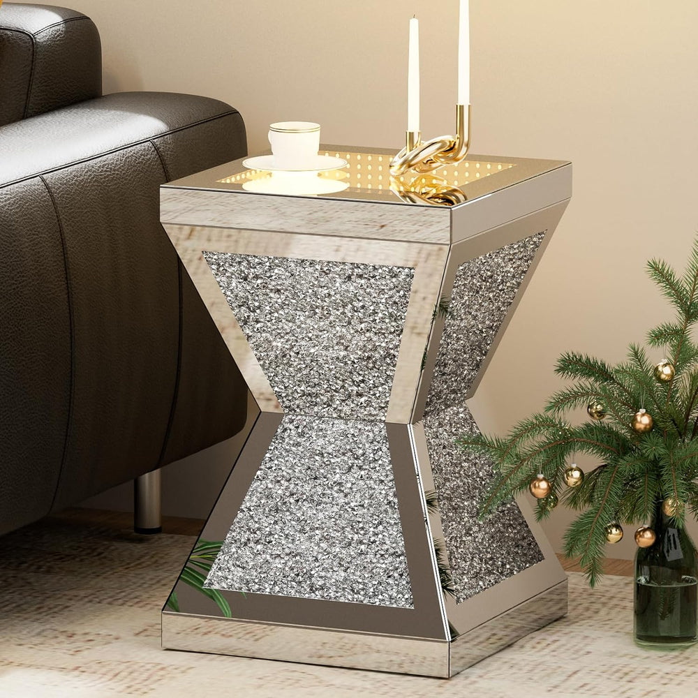 IKIFLY Mirrored Nightstand Set of 2, LED End Table with Irregular Base, Silve...