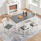 Harper & Bright Designs 58.5" Lx34.5 W Solid Wood 7-Piece Dining Table Set for 6, Grey White Two-Tone Kitchen Dining Room Set with 6 Upholstered Chairs, Rubber Wood Frame, 330LBS Capacity