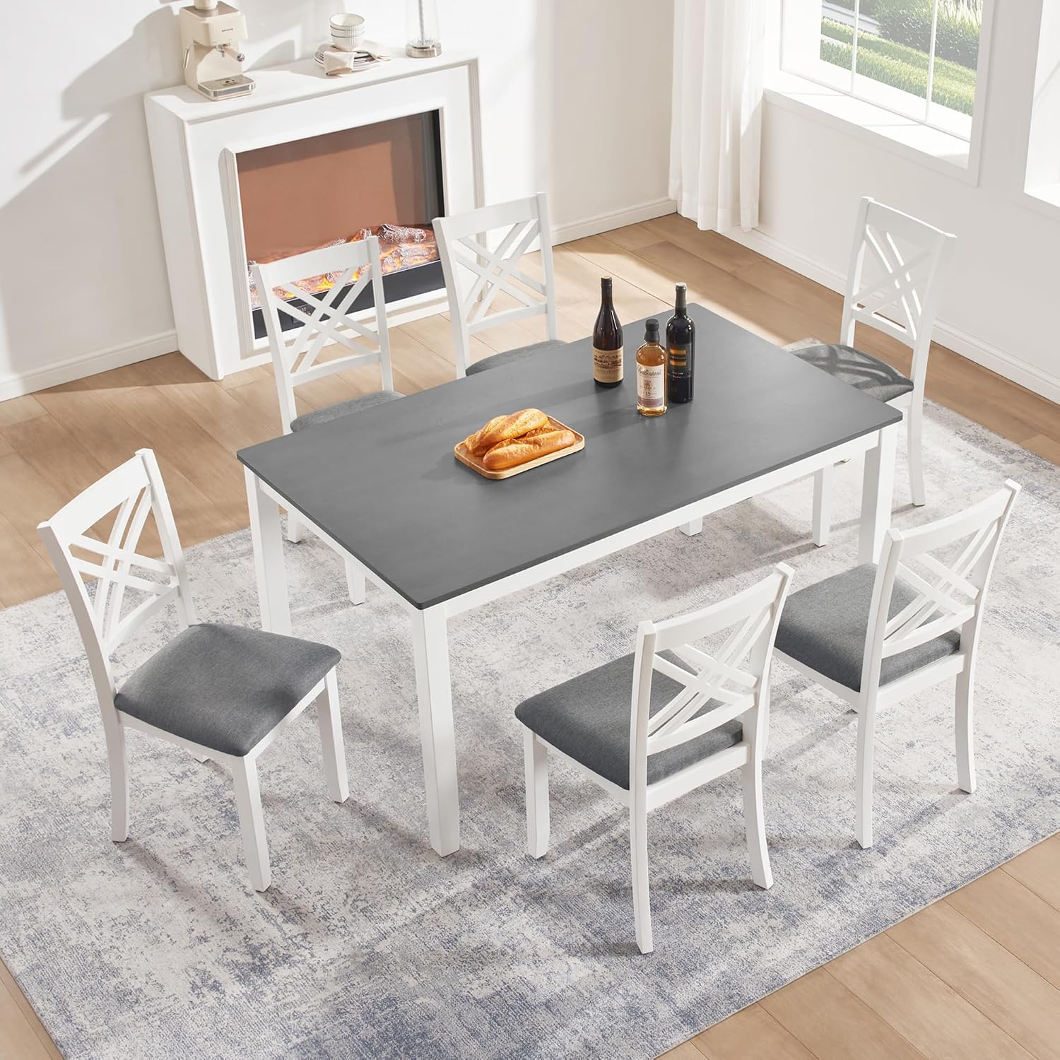 Harper & Bright Designs 58.5" Lx34.5 W Solid Wood 7-Piece Dining Table Set for 6, Grey White Two-Tone Kitchen Dining Room Set with 6 Upholstered Chairs, Rubber Wood Frame, 330LBS Capacity