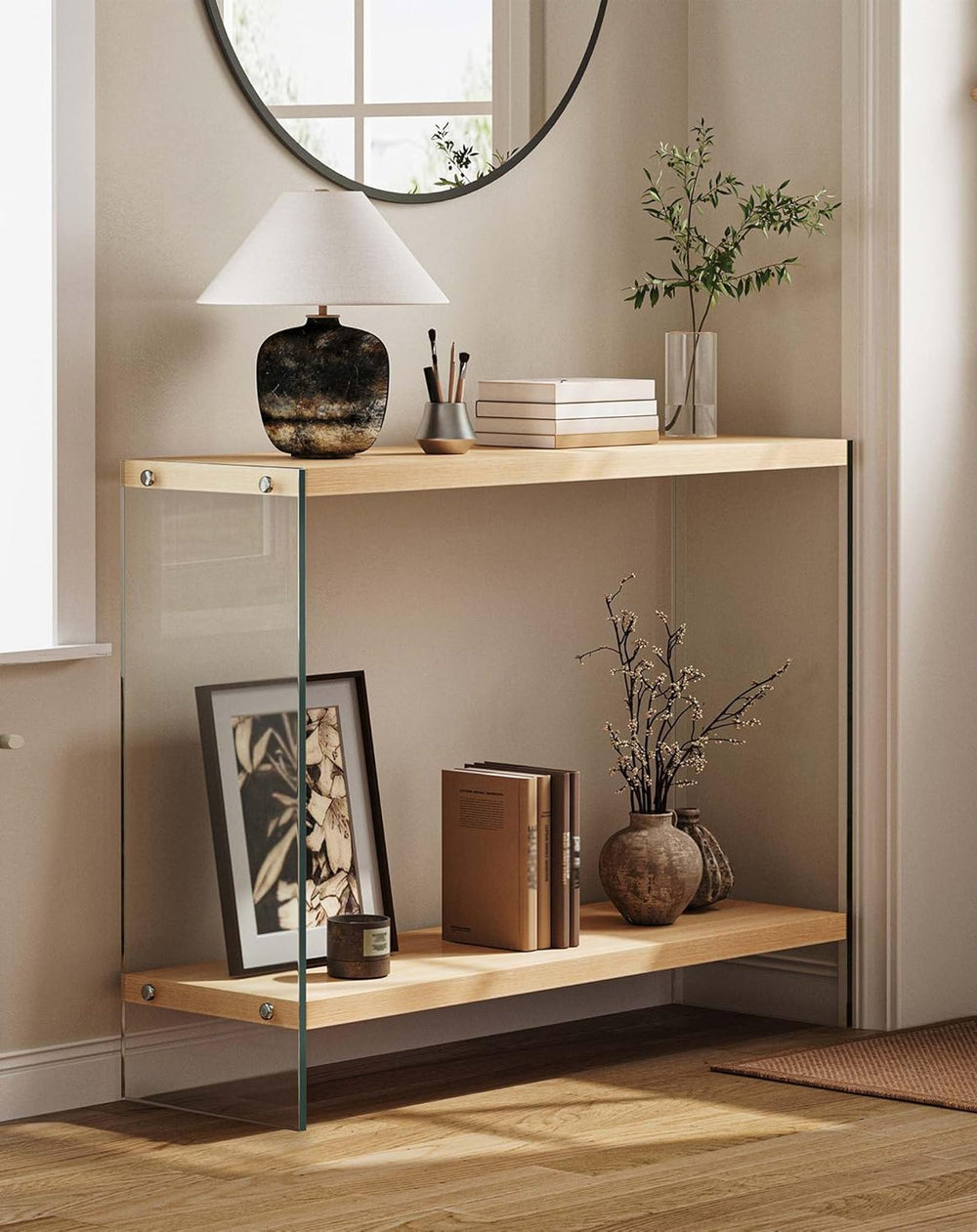 Console Table 2-Tier: 39.4 in Wide Rectangle Wood Shelf Glass Sides | Modern ...