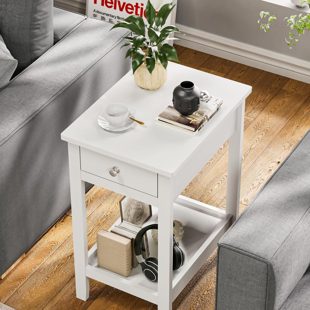 SEJOV End Table Set of 2, Narrow Night Stand with Drawer and Shelves, 2-Tier ...