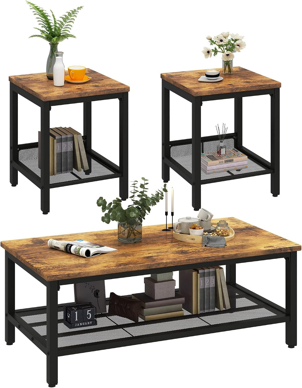 Lamerge 3 Pieces Living Room Table Set, Industrial Coffee Table with 2 Square...