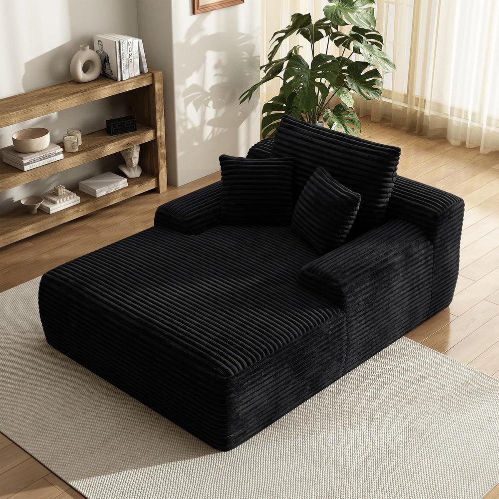 65'' Chaise Lounge Chair Indoor, Black Corduroy Sofa Bed, Lounge Chai...