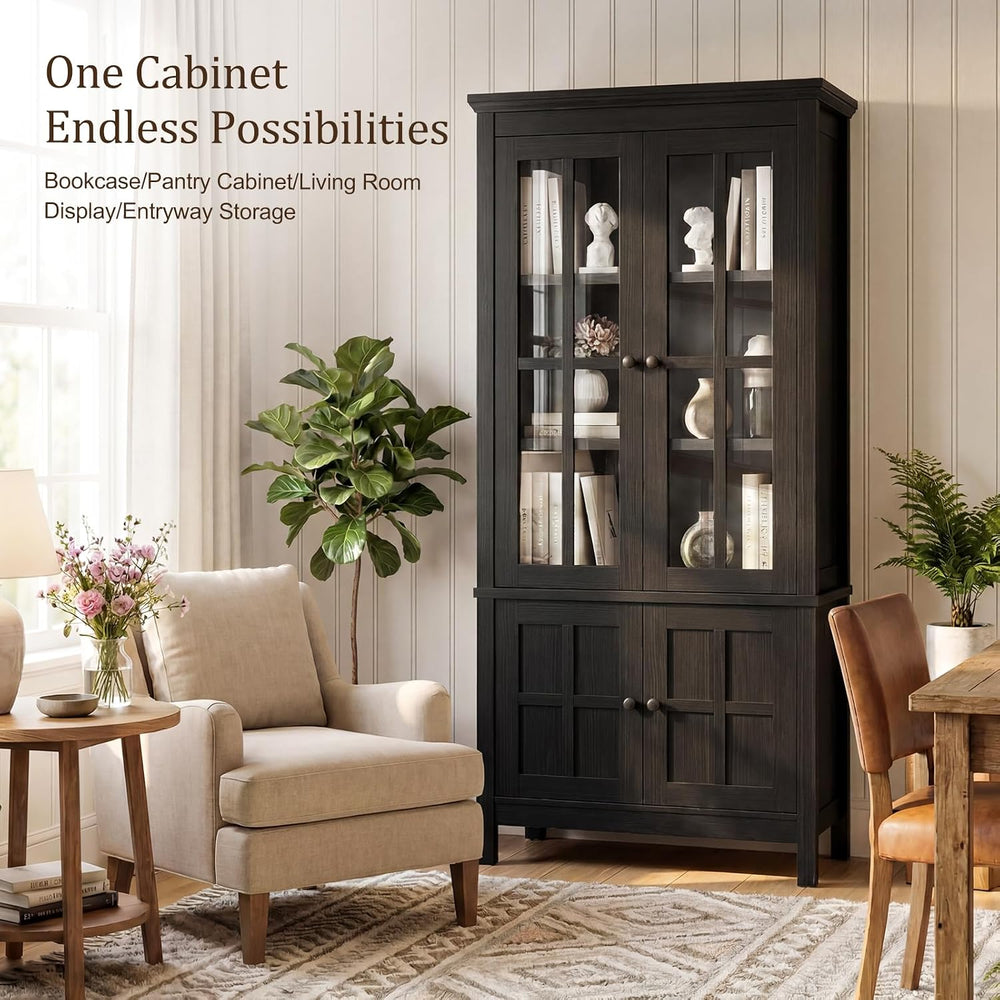 Farmhouse 63" Kitchen Pantry Storage Cabinet with Glass Doors & Hidd...