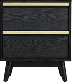 Sango Cortland 2-Drawer Nightstand, Modern Black Wood Bedside Table with Brass Handle, Wooden Legs, Sleek Mid-Century Design, Elegant Storage for Contemporary Homes