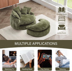 54'' Oversized Round Bean Bag Chaise Lounge Barrel Chair with Movable Ottoman, Fluffy Cloud Couch Boneless Round Sofa Chair for Living Room, Bedroom, Apartment, Green