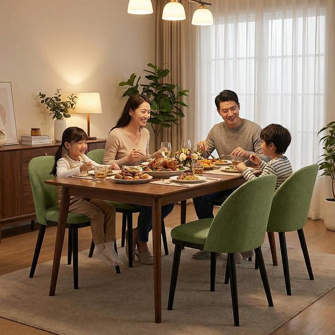 Wooden Dining Chairs Set of 4,Upholstered Kitchen Dining Room Chairs with Curved Backrest and Wood Leg,Modern Fabric Farmhouse Dinner Chair for Restaurant/Cafe,Green